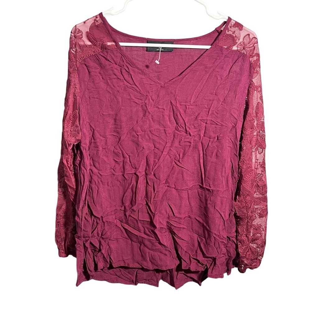 Lane Bryant Women's Plus Size 14/16 Burgundy Rayon Blouse Lace Sheer Sleeves Top